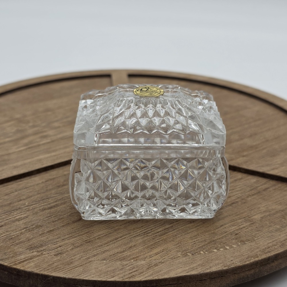 Vintage Cut Glass Lidded Trinket Jewelry Box Royal‎ Crystal Rock Italy 3"x2"